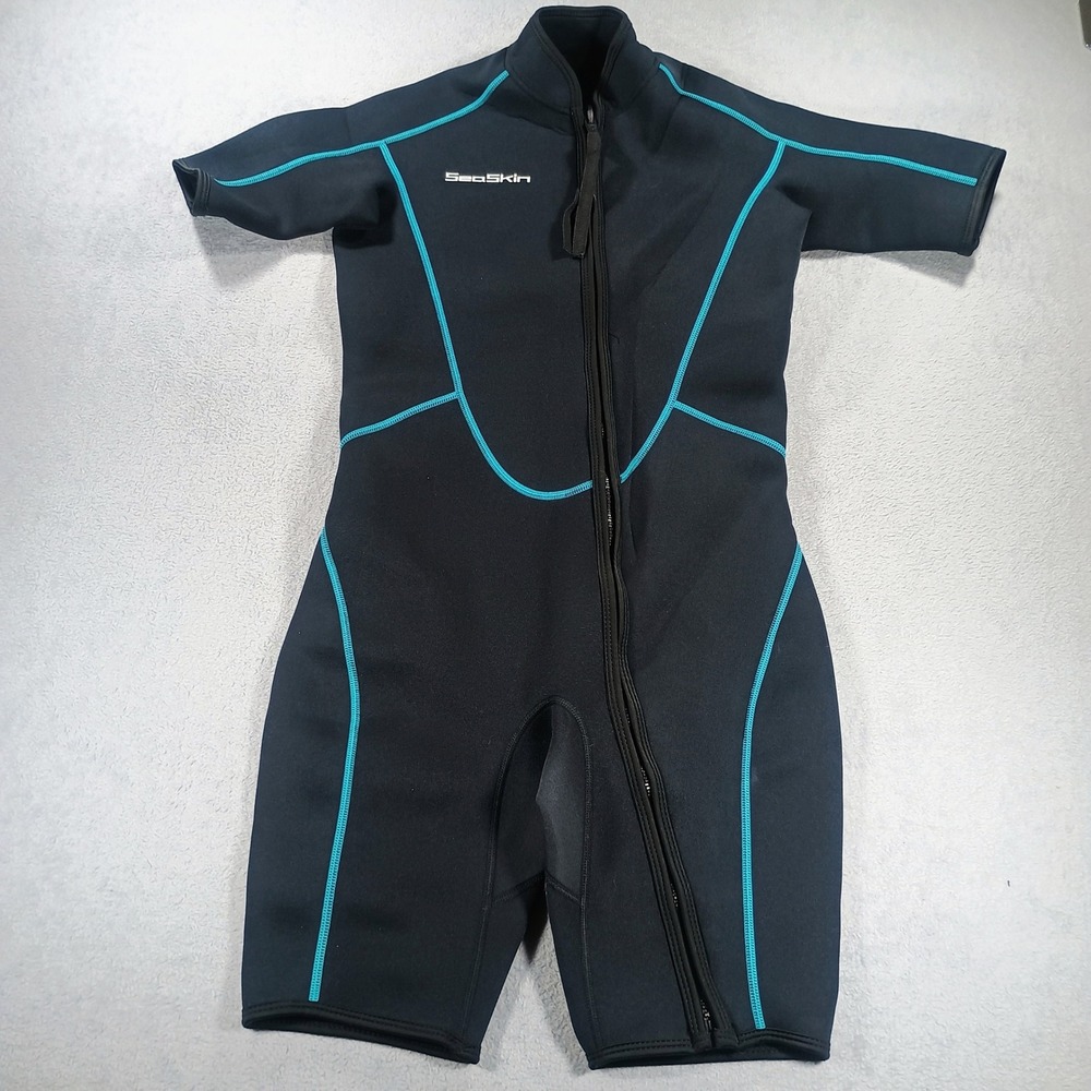 SeaSkin Mens Wetsuit Shorty Black Teal Medium Front Zip Neoprene
